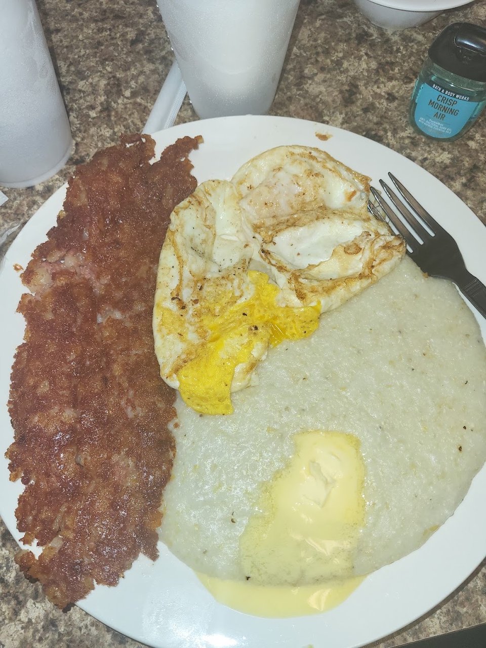 Corned Beef Hash Grits with Fried Eggs