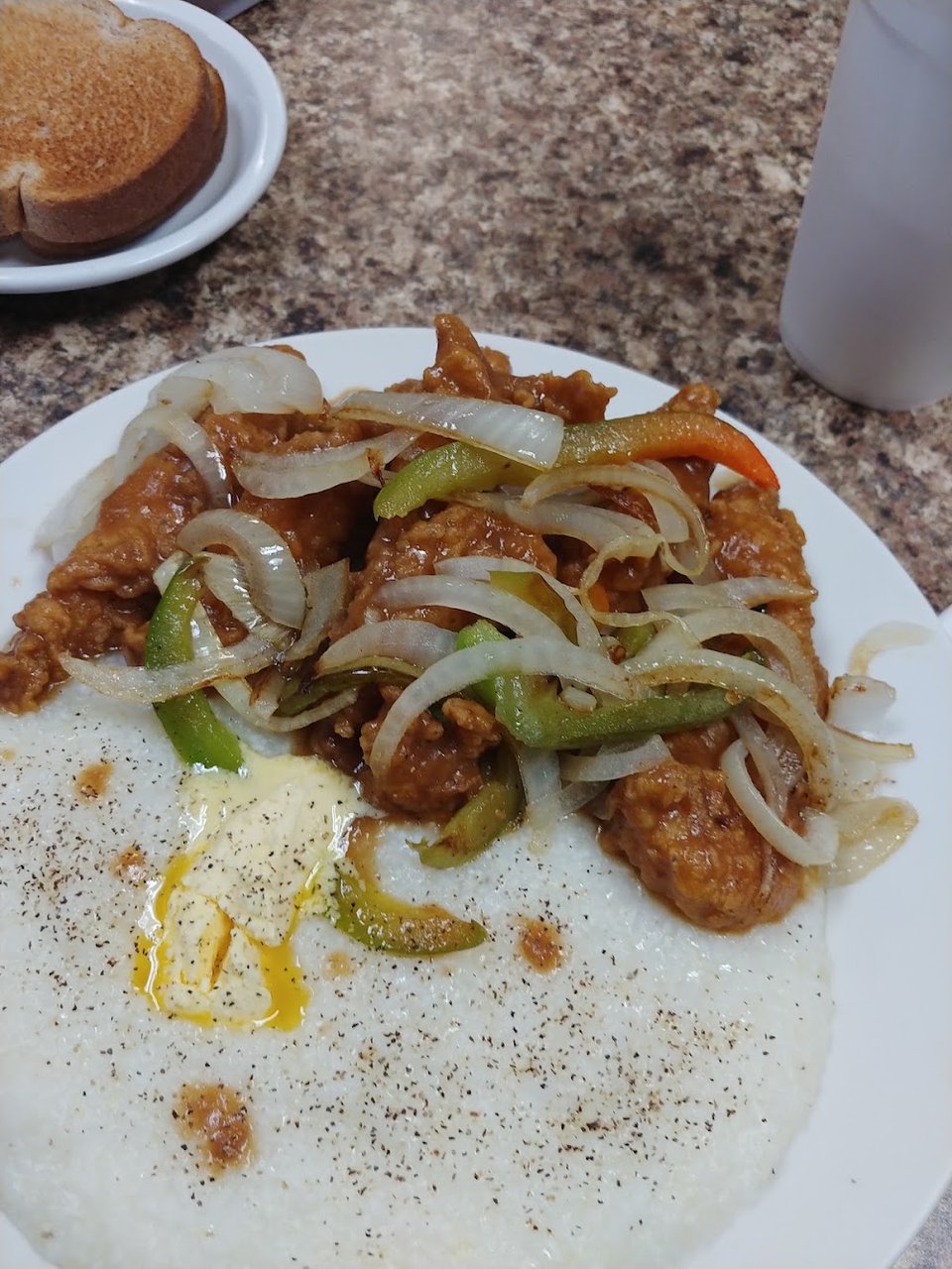 Fried Smothered Grouper an Grits