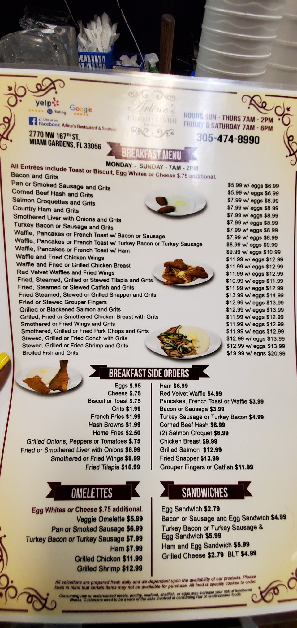 Breakfast menu with chicken and waffles.